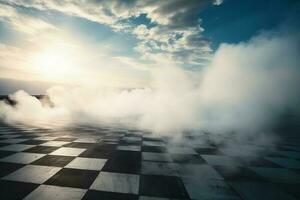 The checkered background is above the smoke above the floor photo