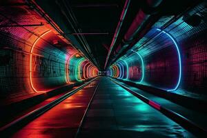 The background of a multi-colored neon tunnel that stretches into the distance photo