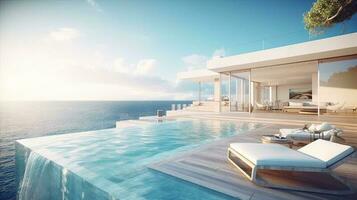 Swimming pool in luxury villa with sea view. 3d rendering photo