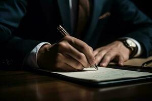 Close up, businessman signing  business deal contract photo