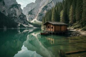 de madera choza en lago braies en dolomitas, Italia foto