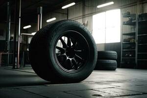 Mechanic service is changing new tires and wheels. on the garage background photo