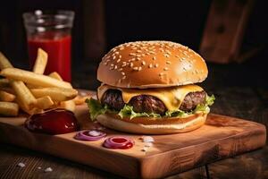 Cheese burger - American cheese burger with Golden French fries on wooden background photo