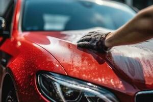 Close up man washing her car in a self - service car wash station. Car wash self - service photo