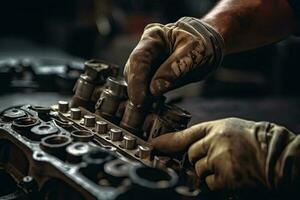 Auto mechanic working on car broken engine in mechanics service or garage. Transport maintenance wrench detial photo