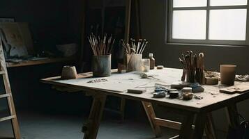 interior of modern artist studio with wooden easel, canvas, painting tools photo