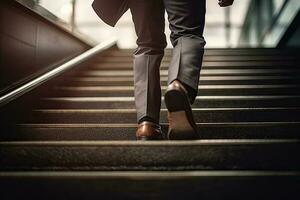 Close up young businessman feet sprinting up stairs office middle image photo