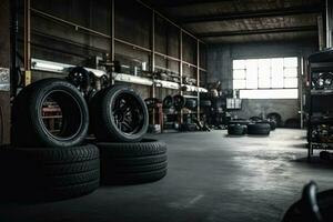 Mechanic service is changing new tires and wheels. on the garage background photo