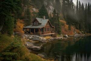 Old wooden house on the lake in the middle of the forest photo