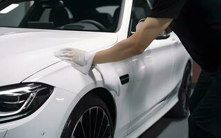 Close up of a auto body mechanic buffing a scratch on sports car photo