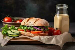 Lunch box with sandwiches, vegetables and juice. Top view with copy space. photo
