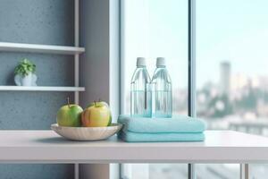 A close-up mockup of a montage of your produce display on a white table with a water bottle. towel and apple on the blurred background photo