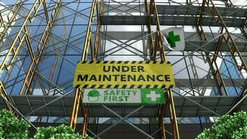 Building under maintenance with scaffolding and signboard. video