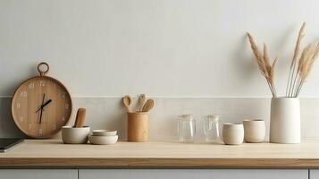 Interior of modern kitchen with white walls, wooden countertops, round wooden bowls with dried flowers and clocks. 3d rendering photo