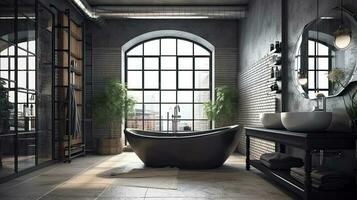 Contemporary modern style bathroom interior design with luxury bathtub photo