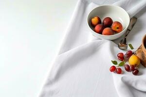 White kitchen tablecloth on a white background flat top view with copy space photo