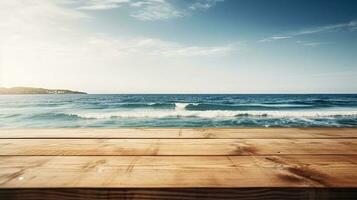 Wooden table, background with sunlight and sea in the background with copy space. photo