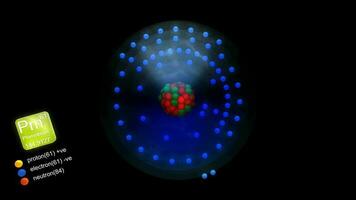 promécio átomo, com do elemento símbolo, número, massa e elemento tipo cor. video