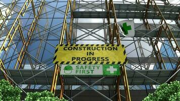 edificio construcción en Progreso con andamio y letrero. video