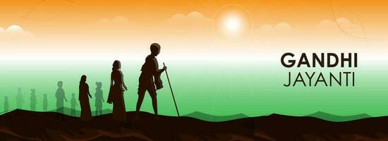 Gandhi Jayanti Banner Or Header Design With Silhouette Mahatma Gandhi And People Standing On Colourful Sunshine Background. vector