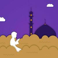 Paper Cut Religious Boy Offering Namaz Islamic Prayer With Mosque, Clouds Wave For Muslim Festival Community Concept. vector
