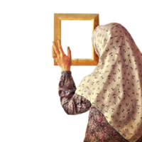 Woman standing with picture frame. png