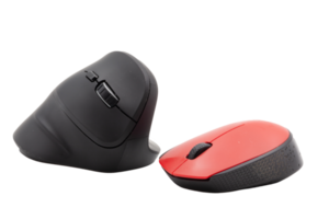Vertical black and horizontal red computer mouse with no background against each other. Horizontal. PNG. Template. Photo in high quality png