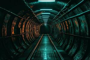 The background of a multi-colored neon tunnel that stretches into the distance photo