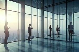 business people discussing business in the office view from outside the building photo