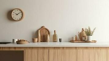 Interior of modern kitchen with white walls, wooden countertops, round wooden bowls with dried flowers and clocks. 3d rendering photo