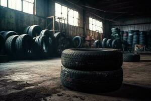 Mechanic service is changing new tires and wheels. on the garage background photo