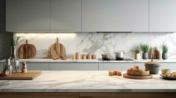 modern kitchen in a loft style with white marble photo