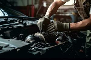 Auto mechanic working on car broken engine in mechanics service or garage. Transport maintenance wrench detia photo