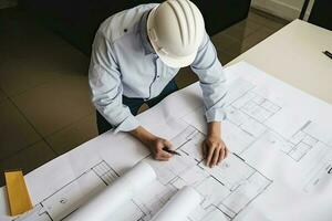 Architect or engineer working on blueprint at office building site. Engineering and architecture concept. photo