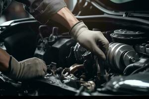 Auto mechanic working on car broken engine in mechanics service or garage. Transport maintenance wrench detia photo