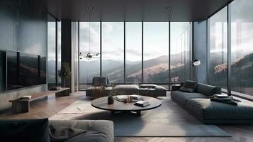 Modern luxury spacious penthouse living room interior design with comfortable sofa, coffee table, TV cabinet, TV on the wall and large glass window with mountain view photo