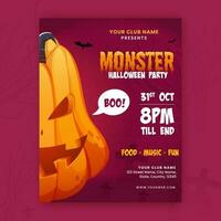 Halloween Party Flyer Design With Scary Pumpkin. vector