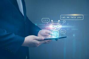 Online customer service by intelligent digital AI Chatbot application. Businessmen chat online with chat robots on tablet. technology innovation robot, communication and answer with fast process photo