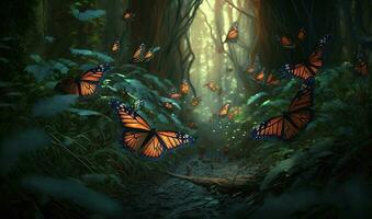 A swarm of butterflies migrating through a forest. Generated by AI photo