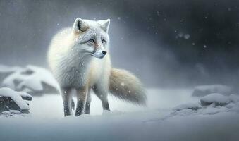 A Arctic fox braving through a blizzard. AI photo