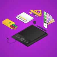 3D illustration of Graphic designing tools like as graphic tablet with color pencil box, notebook, pantone. vector
