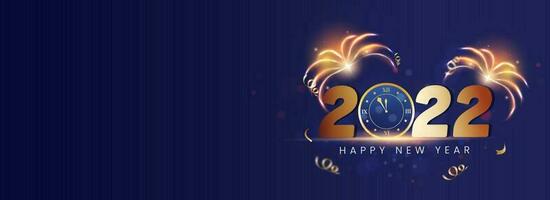 Golden 2022 Number With Wall Clock And Fireworks On Blue Background For Happy New Year Concept. vector