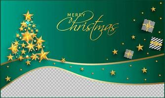 Merry Christmas celebration greeting card design decorated with top view of gift box, golden stars and baubles. vector