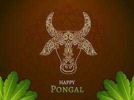 Happy Pongal Celebration Concept With Zen tangle Bull Face And Banana Leaves. vector