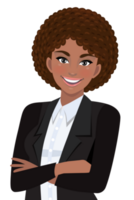 noir femme d'affaires ou américain africain femelle personnage franchi bras pose dans noir costume moitié corps dessin animé personnage png