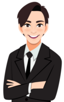 Businessman or male character crossed arms pose in black suit half body cartoon character png