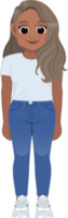 Cartoon character American African girl in white shirt and blue jeans smiling png