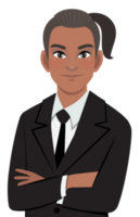 Black businessman or American African male character crossed arms pose in black suit half body cartoon character png