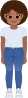Cartoon character American African girl in white shirt and blue jeans smiling png