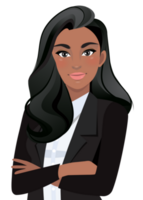 Black businesswoman or American African female character crossed arms pose in black suit half body cartoon character png